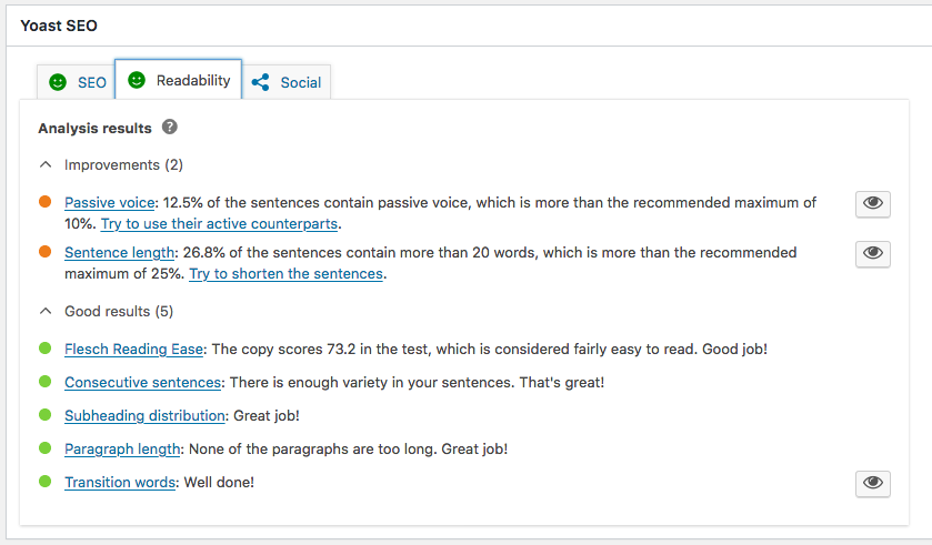 Yoast SEO readability screen shot