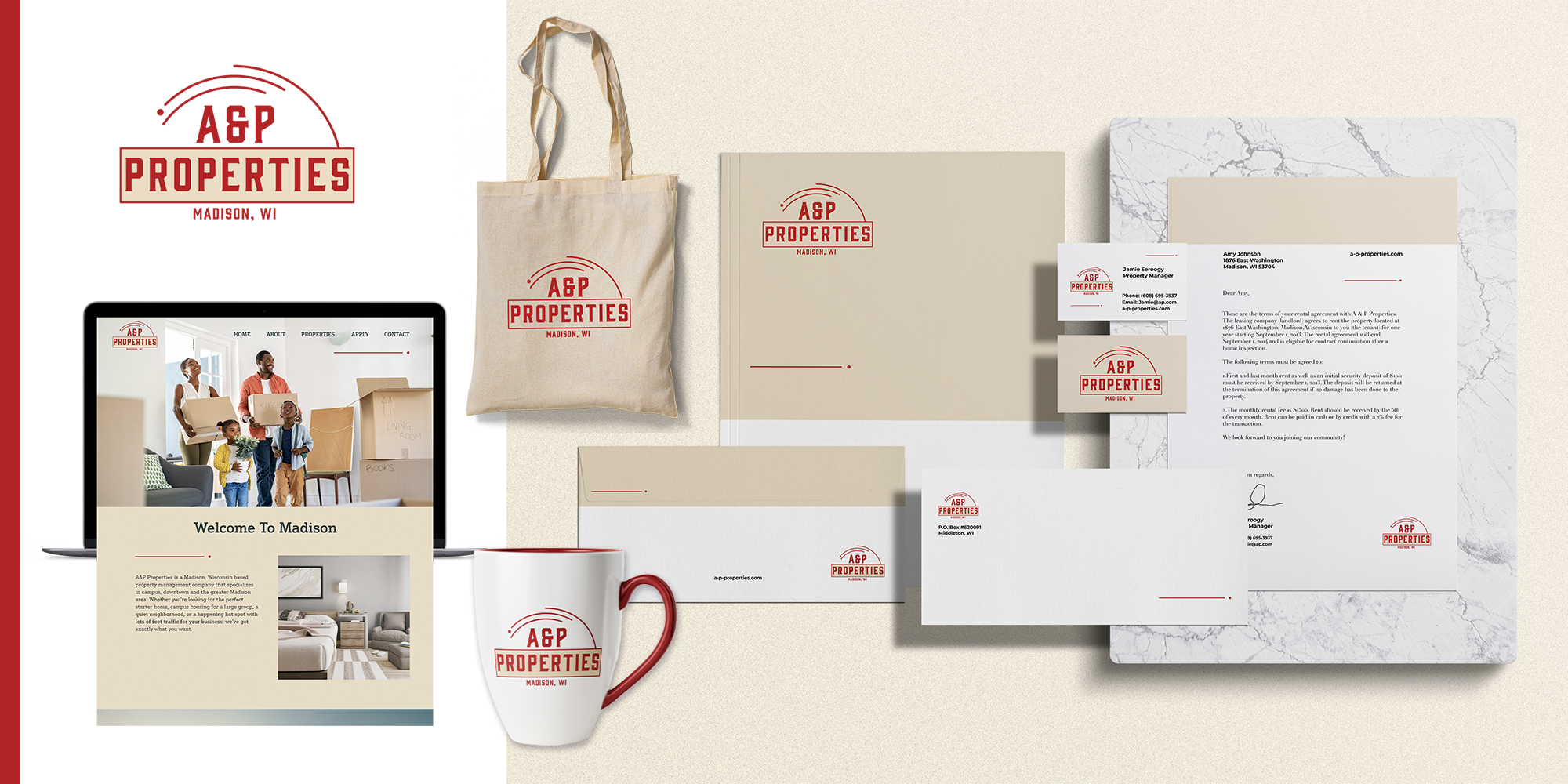 A mock suite of logo design, branding, and web design for A & P Properties by Tingalls intern Jamie Seroogy.