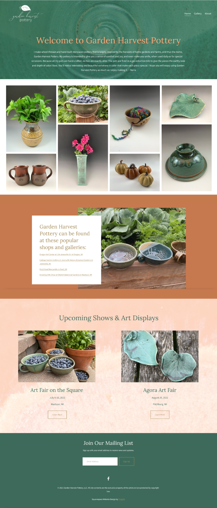 An image of the homepage of Garden Harvest Pottery.