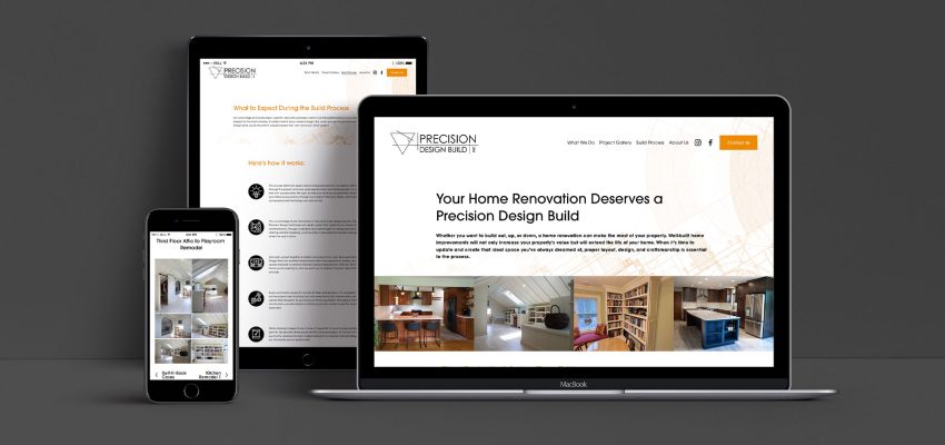 Laptop, tablet and smart phone views of Precision Design Build Website