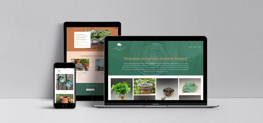 Garden Harvest Pottery's website mocked up on phone, tablet, and laptop screens.