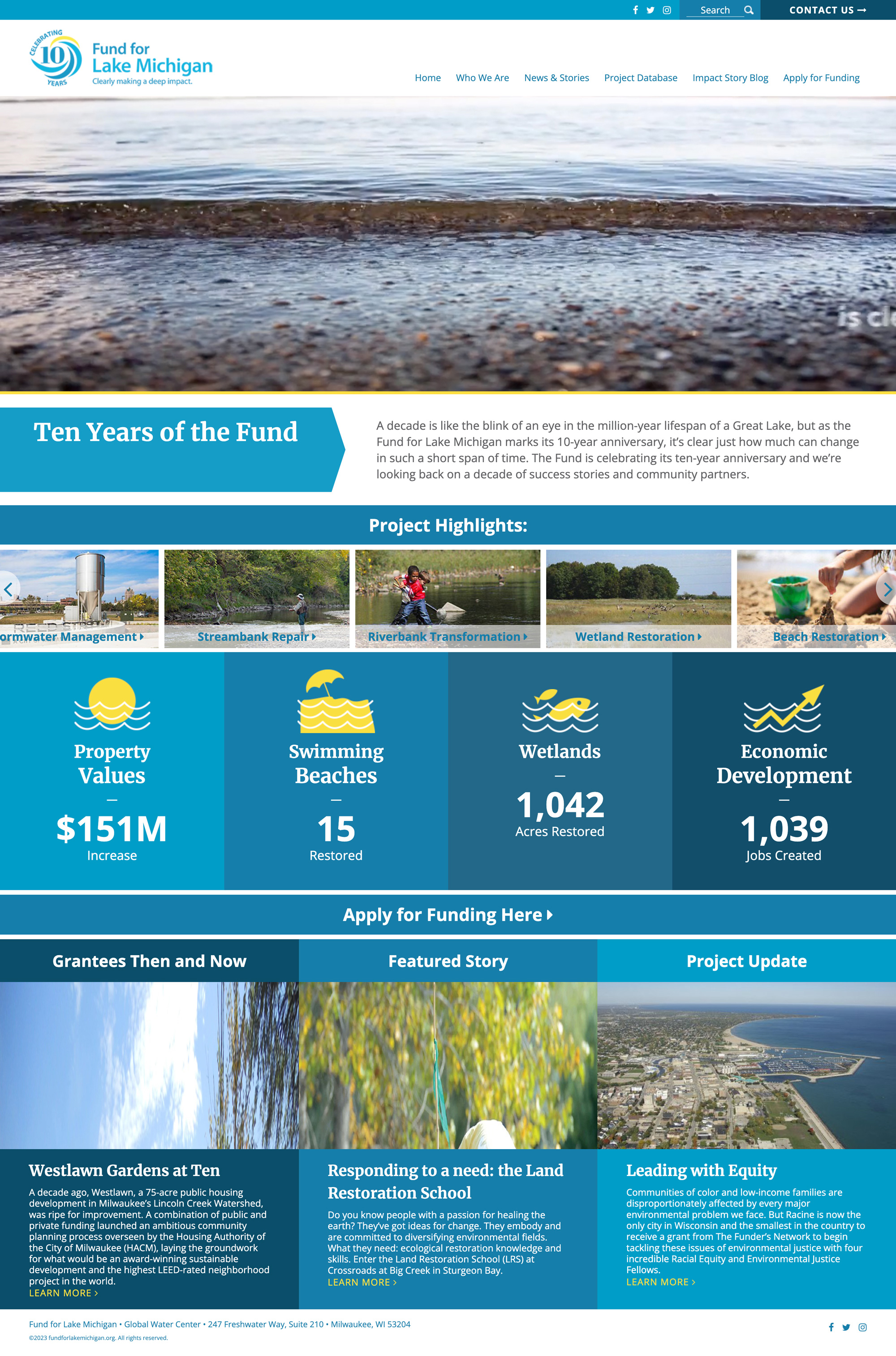 Homepage design for Funds for Lake Michigan