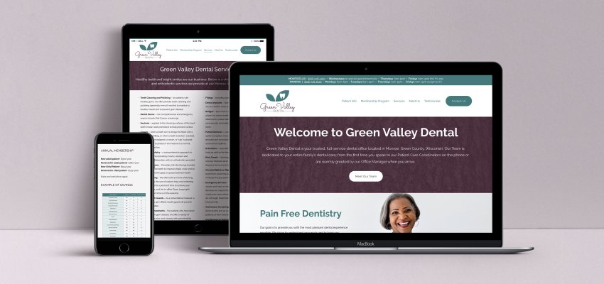 Device mockup of website design for Green Valley Dental
