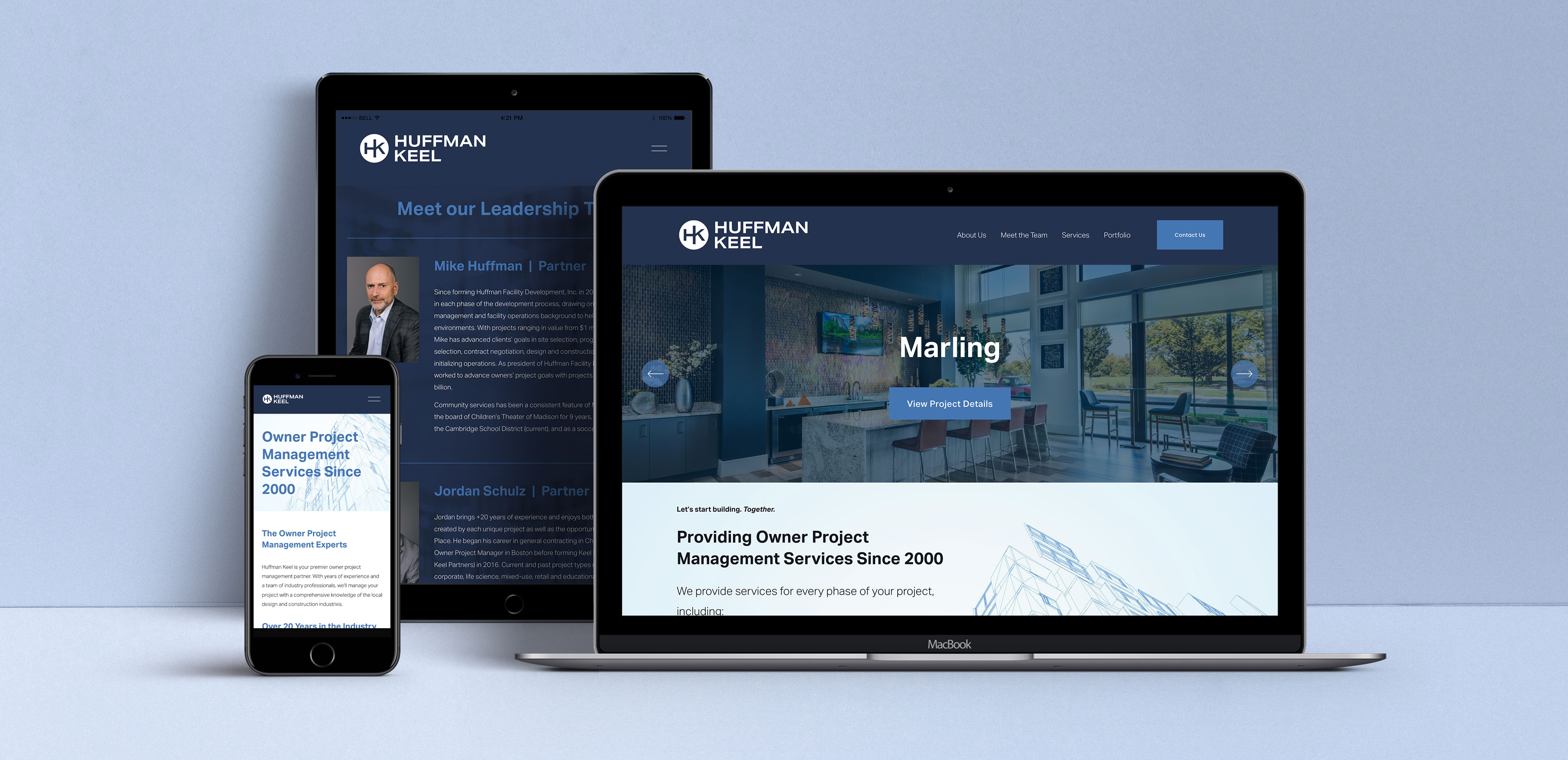Device mockups of website design for Huffman Keel Partners