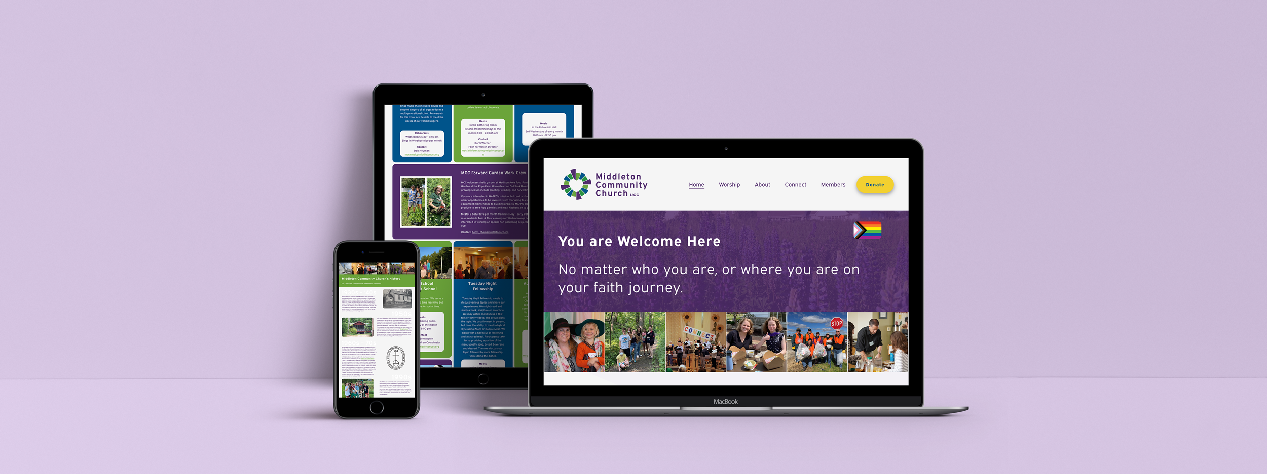 Middleton Community Church's website mocked up on a phone, tablet, and laptop screen.