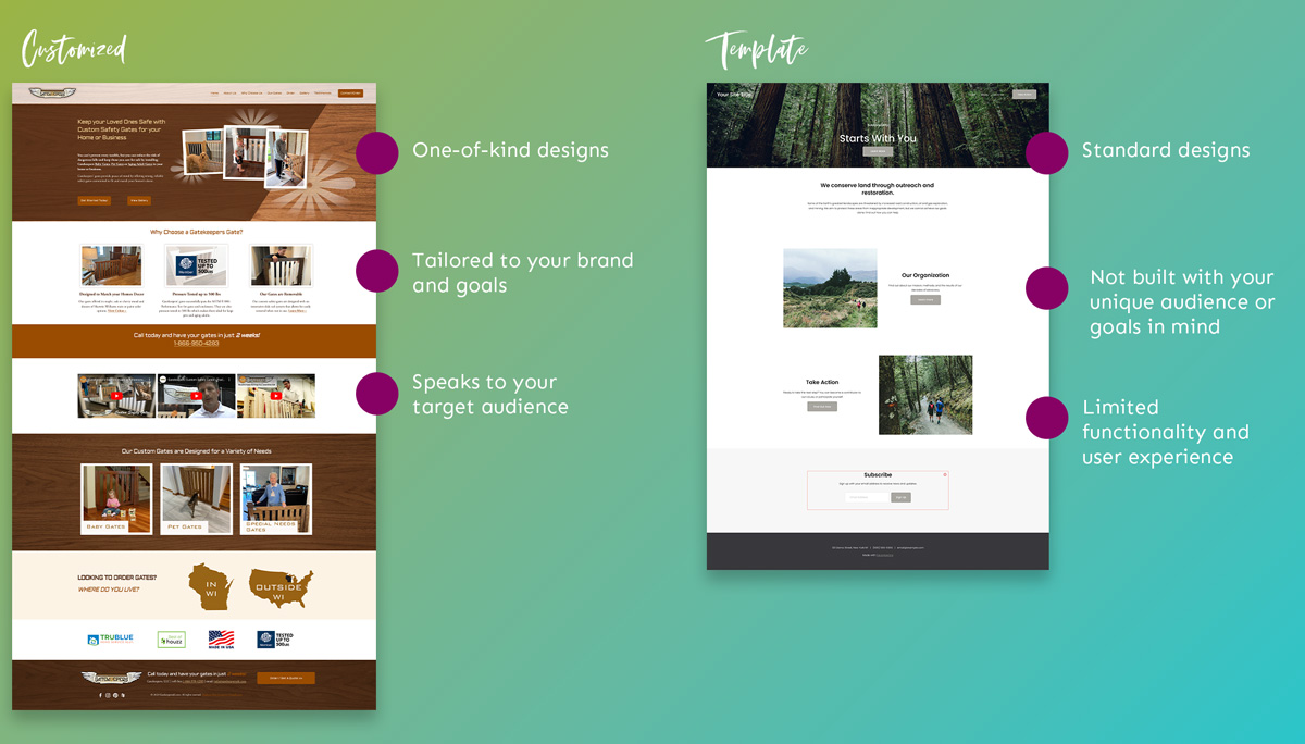 Side by side of a template site vs a custom squarespace website design