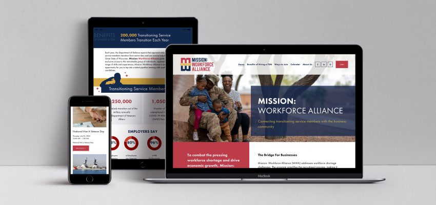 Device mockups of website pages for Mission Workforce Alliance.