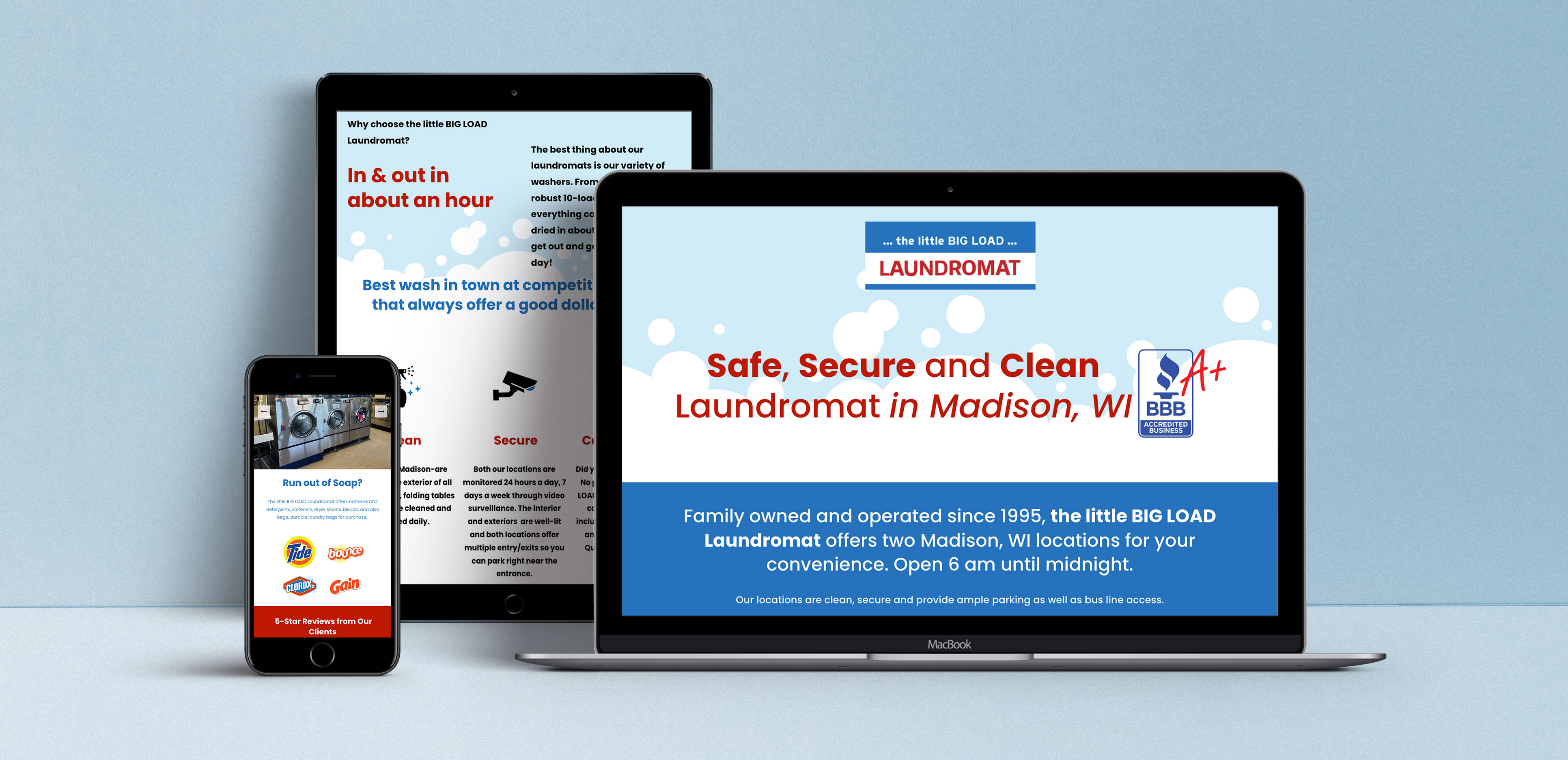 Devices mock up of The Little Big Load Laundromat one page website