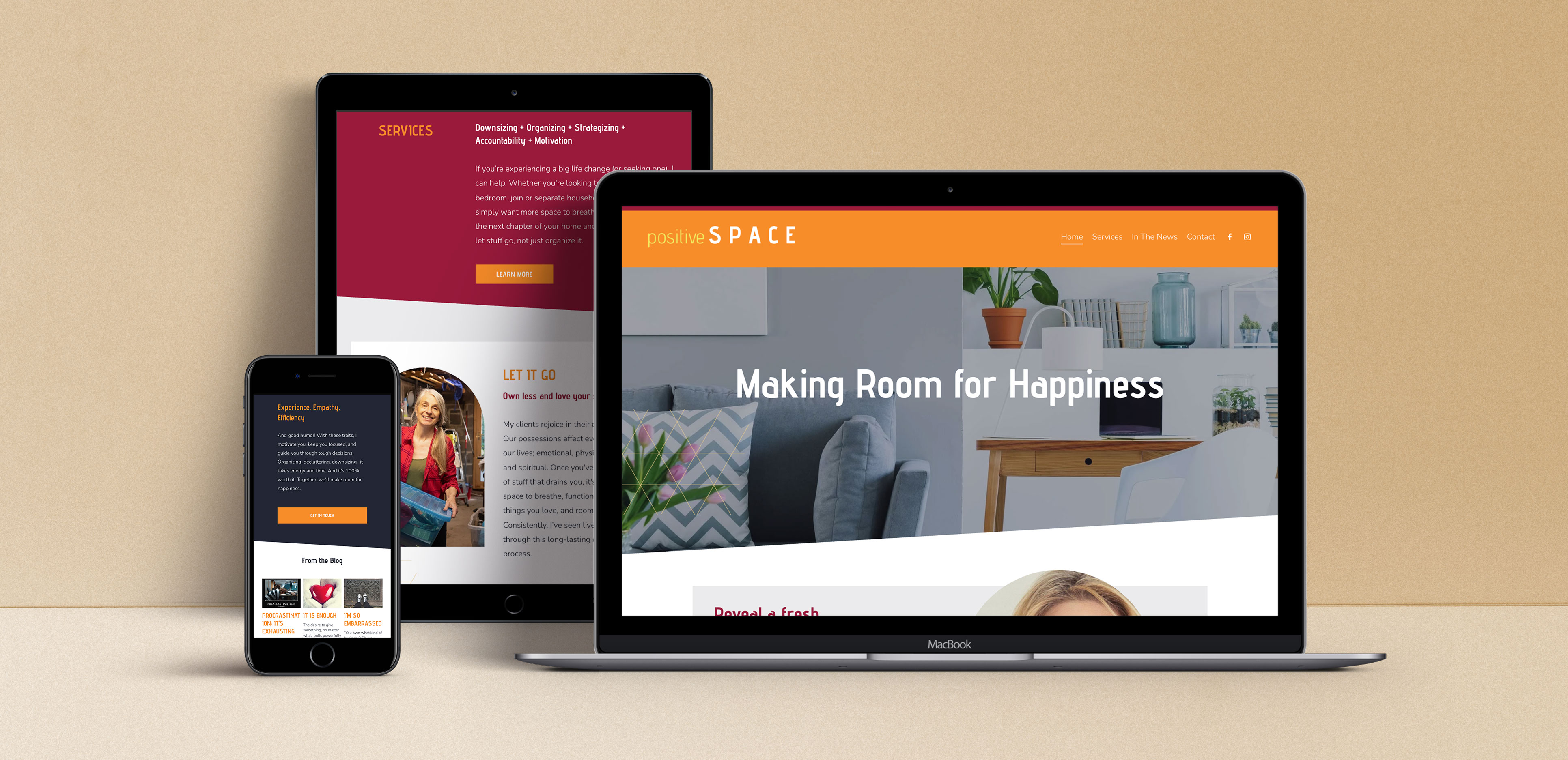 Device mockup of Positive Space website, on desktop, tablet and mobile